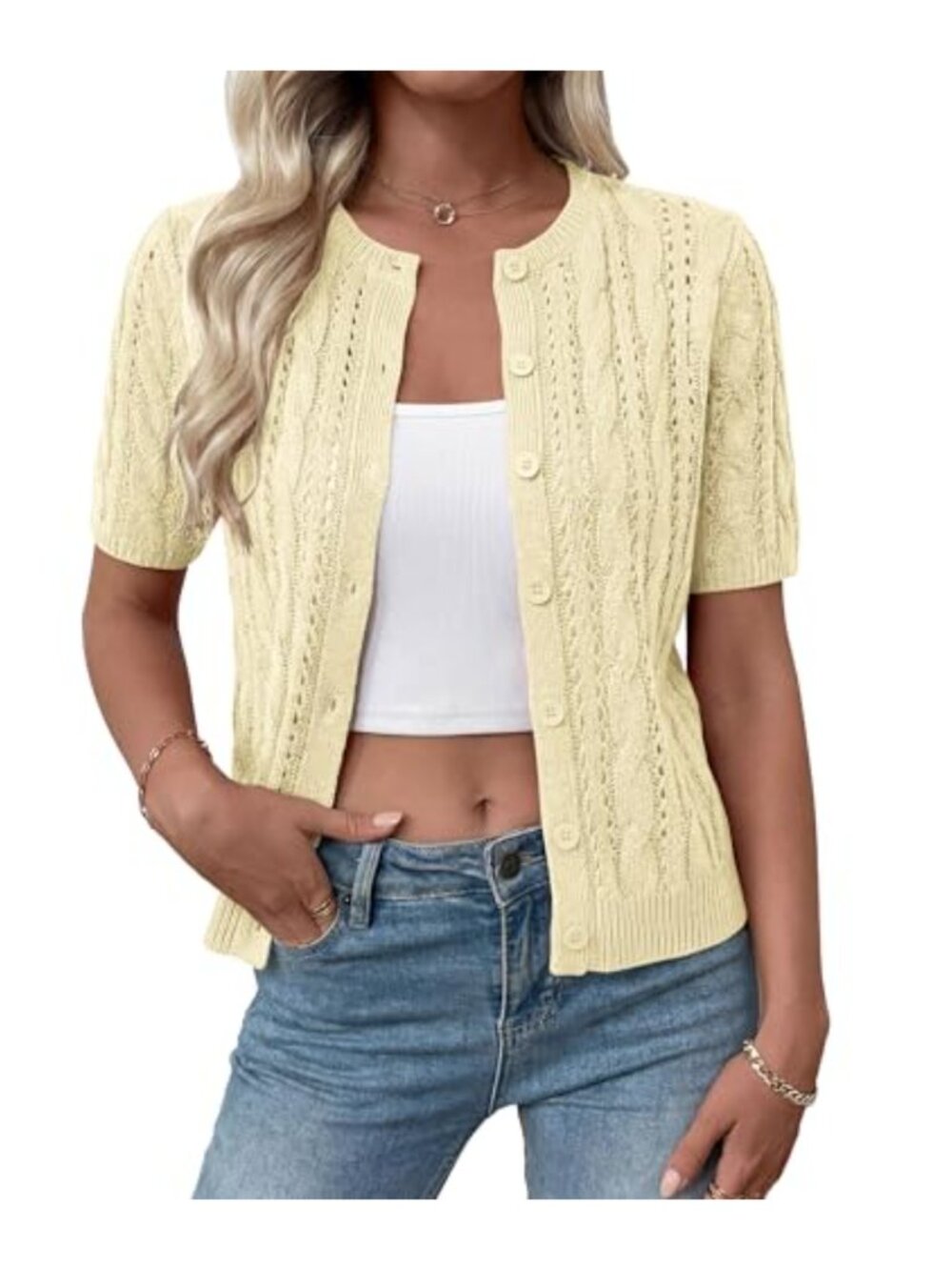 Womens Crochet Button Cardigan Short Sleeve Knit Sweater Vest Hollow Out Shrug